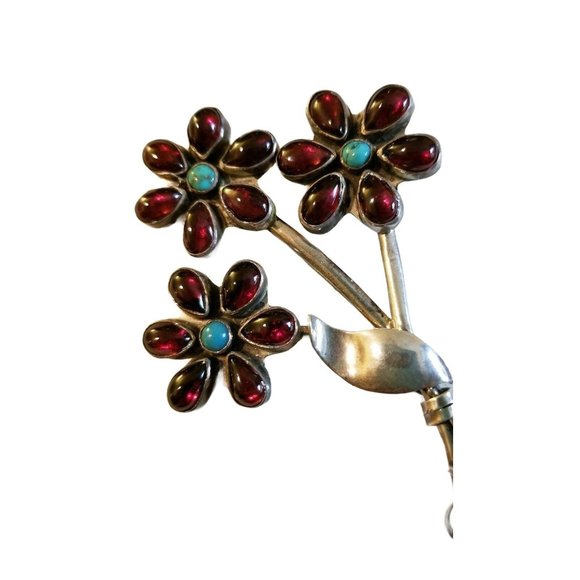 Artisan Brooch Sterling Silver Garnet Turquoise Flower Pin JS14 - Picture 3 of 10